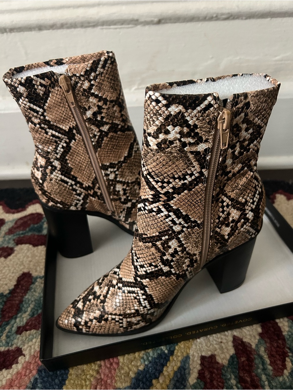 Lulu's Taupe & Black Snake-Print Pointed Ankle Boots